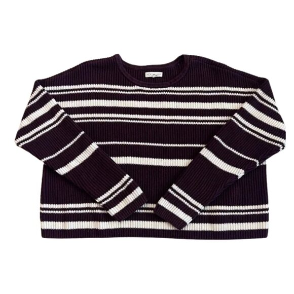 La Hearts Sweaters - LA Hearts Cropped Crew Neck Merlot and White Stripe Cotton Sweater - Size M